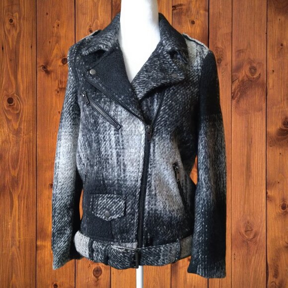 Divided Jackets & Blazers - Divided H&M Women's Size 2 Wool Blend Plaid Belted Moto Biker Jacket Black/Gray